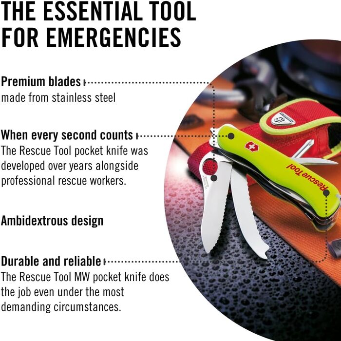 Мультитул Victorinox Rescue Tool MW - пожежний мультиінструмент, 13 функцій, лезо з хвилястим лезом, жовтий, світиться в темряві