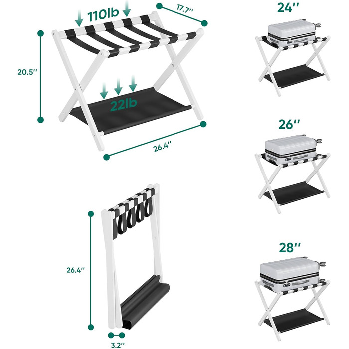 Smuxee Walnut Bamboo Luggage Rack for Guest Rooms, Folding Suitcase Stand with Storage Shelf, Lightweight Assembled Luggage Rack with 5 Nylon Straps for Guest Room Bedroom Hotel (White)