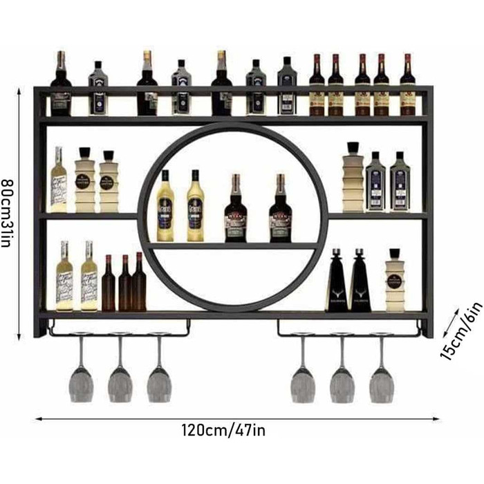 Металева стійка для вина на стіну, кругла вітрина для напоїв, 120x15x80 см, чорний колір. Підходить для бару, ресторану, дому. Багатофункціональна полиця для зберігання.