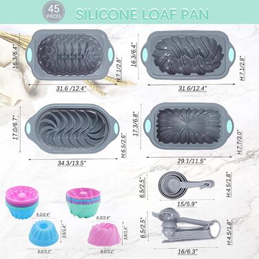 Tongude 45-Piece Silicone Baking Mold Set, 6-Cup Silicone Baking Mold for Baking Bread, Muffin Tins, Non-Stick Kitchen Oven Baking Molds, with Measuring Cups and Spoon Set, gray