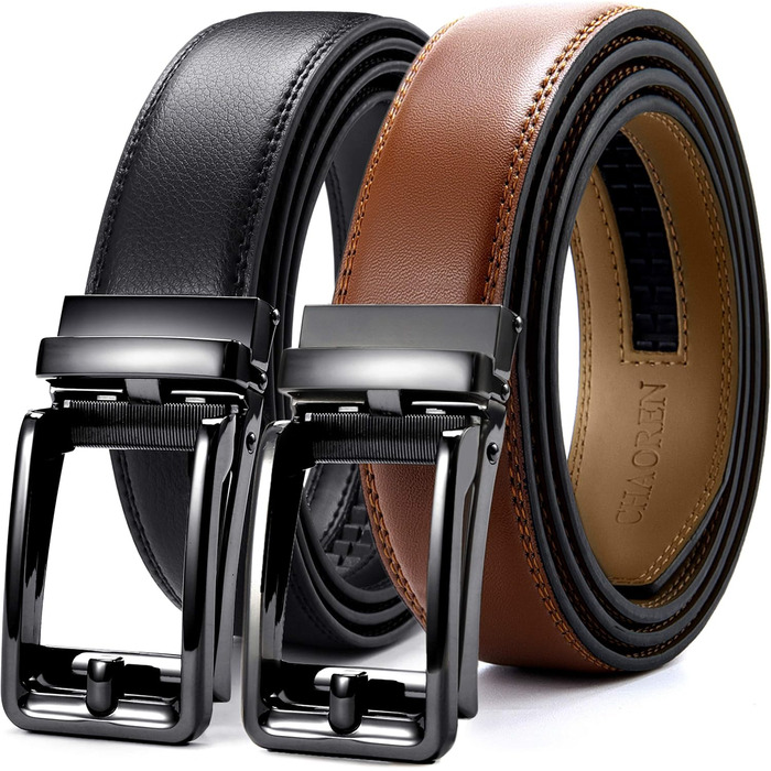 Чоловічий шкіряний ремінь CHAOREN 2 шт. чорного та коричневого кольорів – автоматичний ремінь з подарунковою коробкою. Стильний дизайн для будь-якого випадку та вбрання. Розмір 90-100 см (загальна довжина 115 см) та 100-110 см (загальна довжина 125 см)
