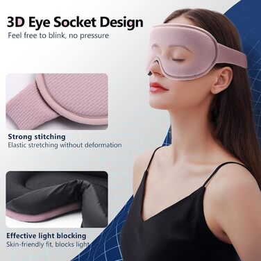 Маска для сну Aosun 3D для тих, хто спить на боці, оновлена версія 2025, повна світлоблокація, дихаюча тканина, регульована гумка, навушники, для подорожей, офісу, йоги (Рожева)