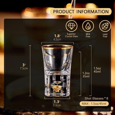 Набір келихів для шнапсу DUJUST 4cl (6 шт.) з кришталю, декоровані 24K золотом, без BPA та свинцю