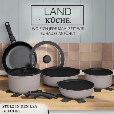 Набір посуду Country Kitchen (16 предметів): каструлі та сковороди з антипригарним покриттям, знімні Soft-Touch ручки, для дому та кемпінгу, підходять для духовки, сірий