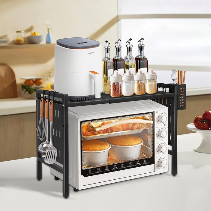 Поличка для мікрохвильової печі 3-рівнева, органайзер з гачками, розширювана, висувна (40-64см), з вуглецевої сталі (чорна, з перфорованим листком, 42-68*36*46см)