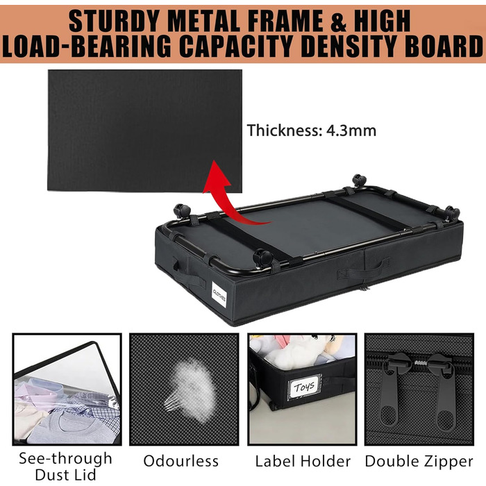 2 шт. Коробка для зберігання під ліжком 49L, комод на колесах з кришкою, металевий каркас, органайзер для одягу, взуття, ковдр, постільної білизни, чорний