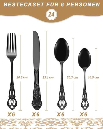 Набір столових приборів Retro на 6 осіб, 24 предмети, нержавіюча сталь, чорний, антикварний бароковий стиль