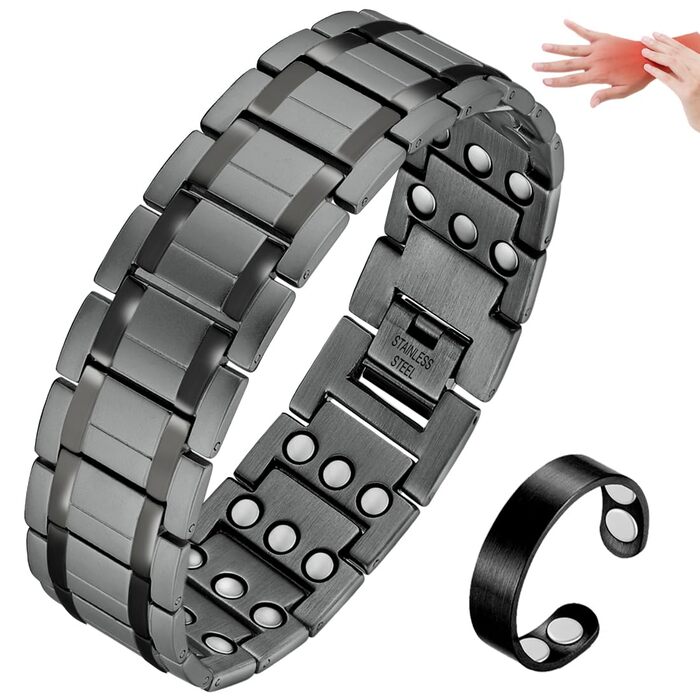 Браслет для лімфодренажу з магнітами для чоловіків, титан, регульований, з інструментом для зняття та подарунковою коробкою (Чорний) (3 ряди сірого кольору)