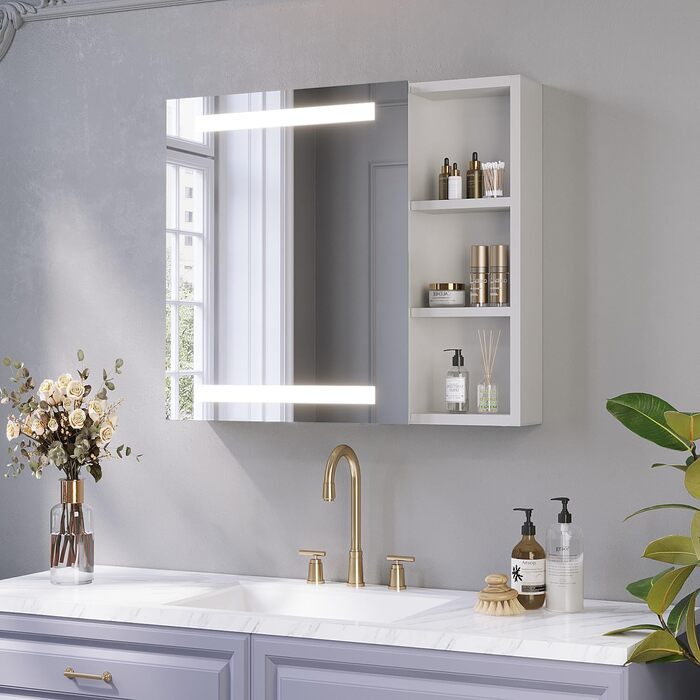 Дзеркальна шафка для ванної кімнати AQUABATOS з розеткою, підсвічуванням LED, 50x70 см. Шафка для ванної кімнати з дзеркалом, інфрачервоний сенсор, регулювання яскравості, протизапітніння, холодний білий колір світла (Тип 07L)