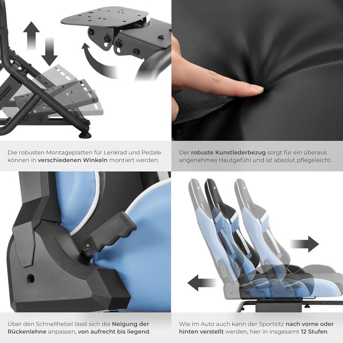 Ігровий симулятор Sim Racing Cockpit tectake® для Fanatec, Logitech, Thrustmaster, регульоване гоночне крісло GT-Style, сталевий каркас, до 120 кг (Чорний/Лазурний)