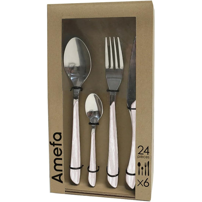Amefa ECLAT Cutlery Set NATURE White Wood-Look Cutlery Set 24-Piece for 6 People Stainless Steel, Rust-Proof, Plastic Handle Shells with Wood-Look, Dishwasher-Safe Cutlery Set for 6 People