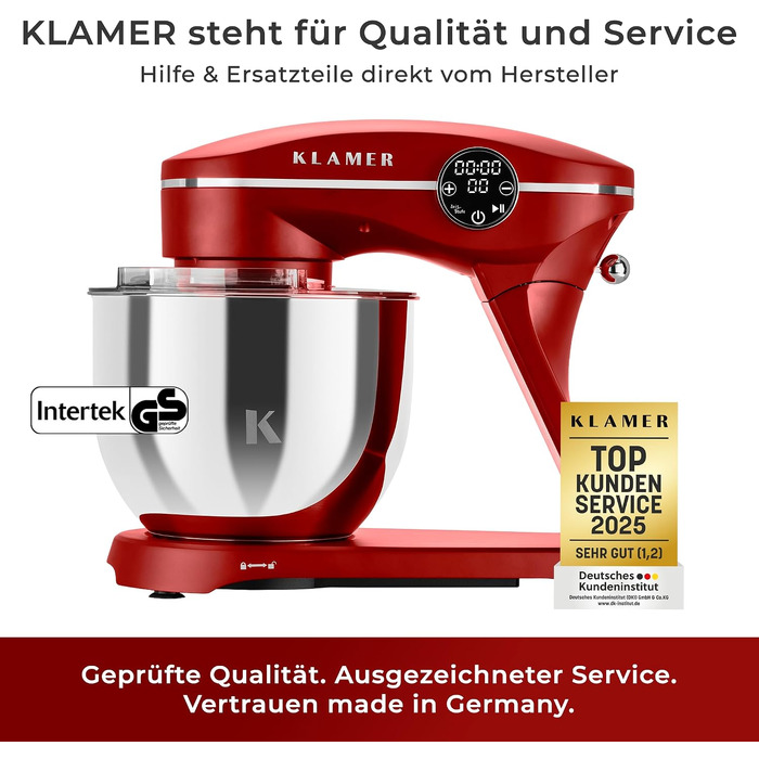 Кухонний комбайн-міксер KLAMER 1800W, планетарний міксер для тіста з чашею з нержавіючої сталі 6л, червоний