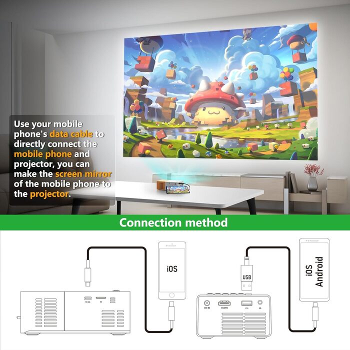 Міні-проектор YG300Pro: портативний LED-проектор для мультфільмів, дитячий подарунок, кінотеатр для дому, підтримка дзеркального відображення з кабелю