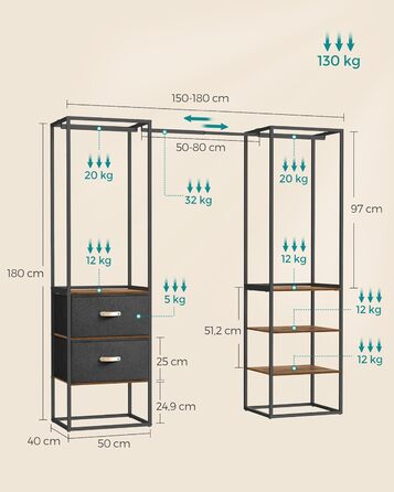 SONGMICS Clothes Rack, Open Wardrobe, Sturdy Coat Rack with 1 Extendable Rod, 2 Drawers, 4 Shelves, for Bedroom, Space-Saving, RGR003W67 (Vintage Brown)