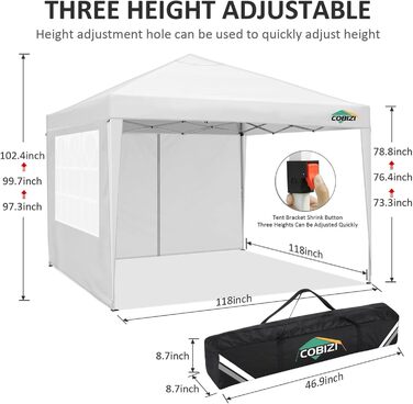 COBIZI Folding Gazebo 3x3 Waterproof Stable Pop Up Gazebo Folding 3x3 with 4 Sidewalls | Waterproof | UV Protection 50+ | Gazebo Party Tent for Garden Party Market Picnic | incl. Bag (White)