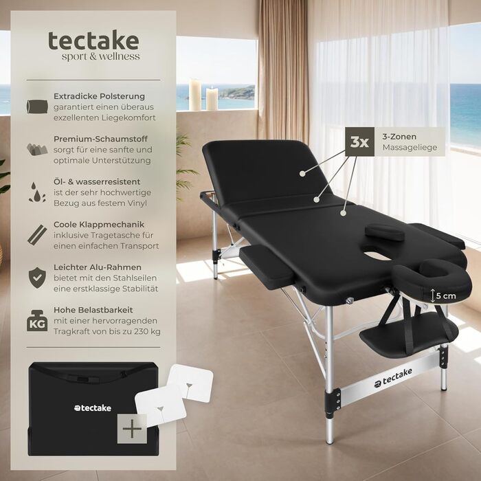 Масажний стіл Tectake 3 зони, складаний, регульована висота, з аксесуарами (ширина без підлокітників: 78 см, чорний)