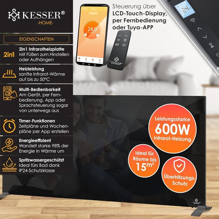 Інфрачервовий обігрівач KESSER 600W з функцією 2в1: підлоговий та настінний. Енергозберігаючий склокерамічний обігрівач з термостатом, пультом дистанційного керування та керуванням через додаток. Чорний колір.