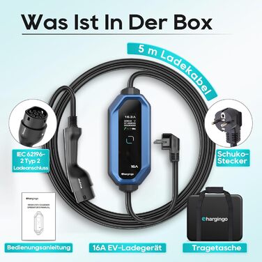 Кабель для зарядки електромобілів Schuko 3.68kW 6-16A з LCD-дисплеєм, 5м, IP65, 16A, для всіх електромобілів (IEC 62196-2, CCS2)