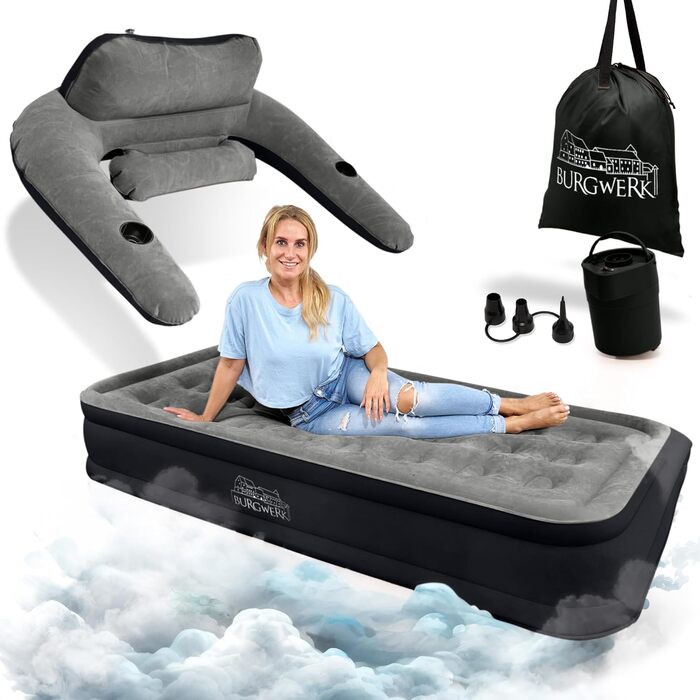 Надувне ліжко 3-в-1 | Гостьове та кемпінгове ліжко | Надувна матрац з електропомпою 150x200 | Самостійно надувна повітряна матрац (1 особа, Чорний/Антрацит)