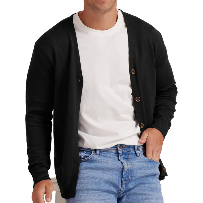 Чоловіча в'язана кофта NITAGUT з вінтажним смугастим дизайном, довгі рукави, V-подібний виріз, ґудзики (S, Чорний)