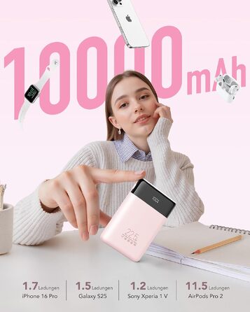 Повербанк VEGER 10000mAh 22.5W з вбудованим кабелем USB-C, рожевий