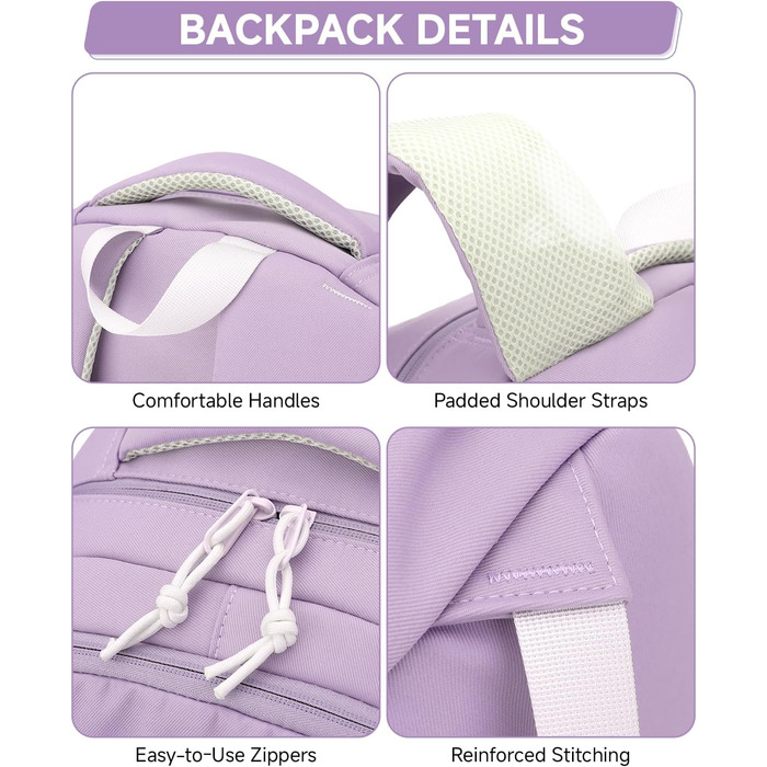 Рюкзак для підлітка, шкільний рюкзак для дівчинки з багатьма відділеннями, для учнів 3-5 класів, середньої та старшої школи, нейлоновий рюкзак для подорожей та відпочинку (фіолетовий)