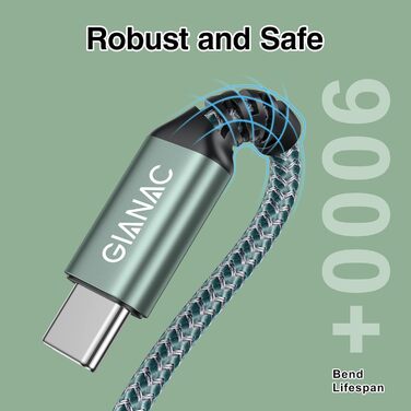 Кабель USB-C GIANAC: зарядний та передавач даних для Samsung, Huawei, Google, Sony (0.3м, зелений)