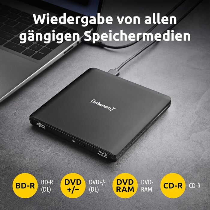 Зовнішній CD/DVD привід Intenso EOD 400D Slim, USB 3.2, для ноутбука та ПК, кабель USB-C та USB-A, Plug & Play для Windows та MacOS, чорний