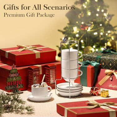 Набір еспресо-чашок MALACASA 4 шт., 75 мл з підставками та стійкою, біле порцелянове виробництво Італії, 120 мл, сумісні з посудомийною машиною