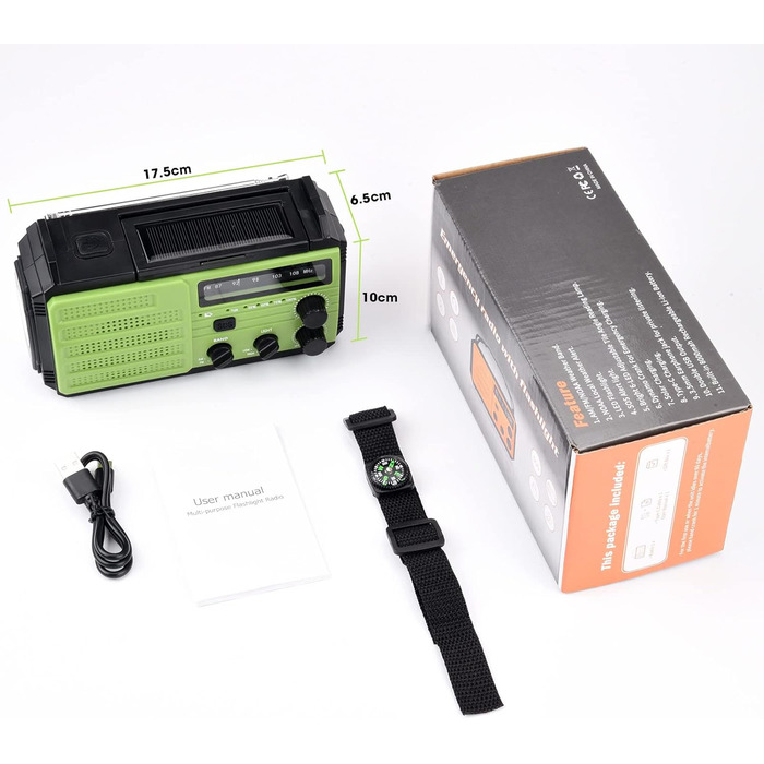 Сонячне радіо Kurbelradio 8000mAh з ручним генератором, AM/FM, LED ліхтарик, SOS, компас, IPX3, для кемпінгу та відпочинку на природі (зелене)