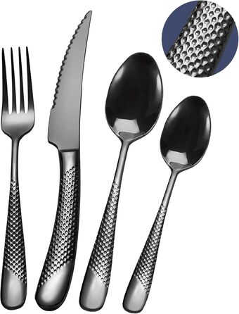 Сучасний набір столових приборів на 24 предмети: чорний, з нержавіючої сталі 18/10, з ножем 2-в-1 з хвилястим лезом, для 6 осіб