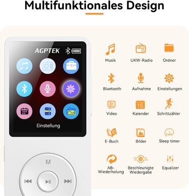 MP3 плеєр AGPTEK 64GB Bluetooth 5.3 з динаміком, радіо FM, підтримкою TF-карти 128GB, білий
