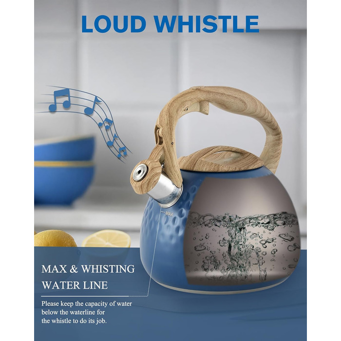 Чайник для заварювання Teekessel 2,7 л з емальованим покриттям, зелений, з імітацією дерева, з носиком, з нержавіючої сталі, антижаростійка ручка, оливковий/темно-синій