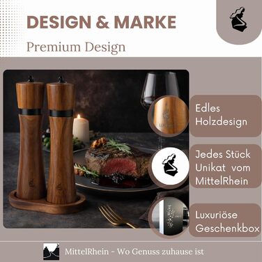 Дерев'яна мельниця для солі та перцю LORELEY® Mittelrhein Germany з керамічним механізмом – з підставкою та пензлем – у подарунковій коробці. Ідеальний подарунок на весілля або новосілля (Deluxe з нержавіючої сталі)