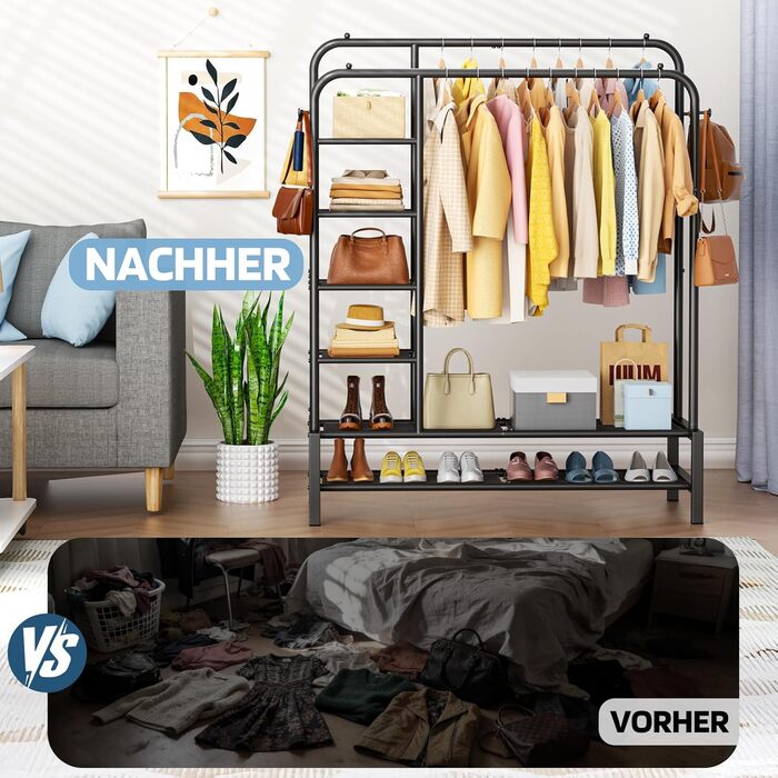 Вішалка для одягу в спальню та вітальню, подвійна, чорна - міцна конструкція 100 кг, з полицями для зберігання