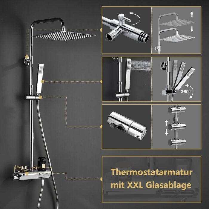 Görbach Rain Shower System with Shelf, Shower Set without Shower Faucet (20x20cm) (SJ-TP2020CP, Chrome)