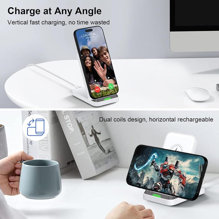 Бездротовий зарядний стан 15W для Samsung Galaxy S25/S24/S23/S22/S21 FE та iPhone 16/15/14, Google Pixel 9/8/7/6 (білий)