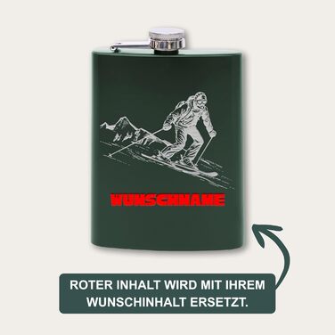 Фляга з нержавіючої сталі з гравіюванням Flanacom, 227 мл, з воронкою. Ідеальний подарунок для любителів катання на лижах. Персоналізована з індивідуальним гравіюванням (дизайн 4, зелений)