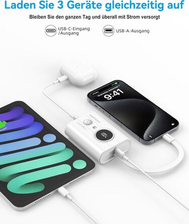 Power Bank AsperX 10000mAh з PD 30W, USB-C, білий. Швидка зарядка для iPhone 15/14, iPad. Компактний акумулятор