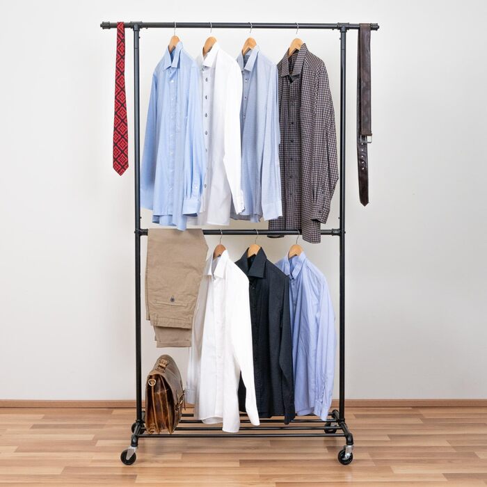 Tatkraft Drago - Stable Clothes Rack, with 2 Clothes Rods, up to 110 kg, Coat Rack, Adjustable, Rolling Clothes Rack, Metal, Black