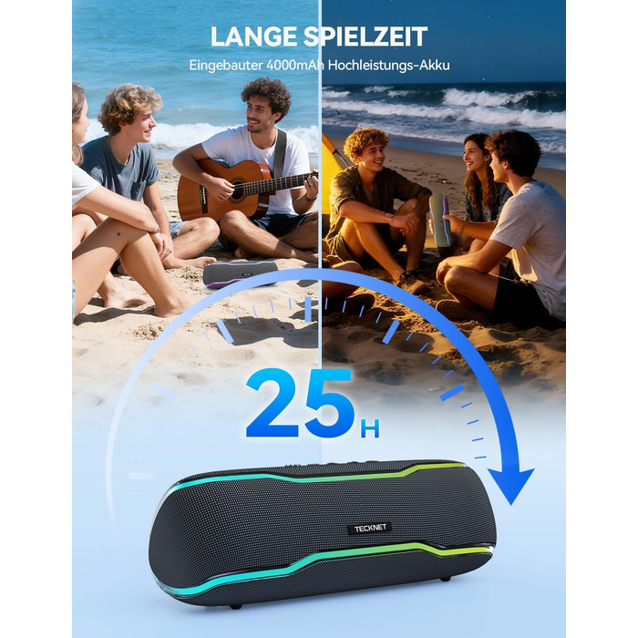 TECKNET Bluetooth колонка з підсвіткою, IPX7, 30W, чорна - портативна бездротова колонка Bluetooth 5.3 для вечірок, подорожей
