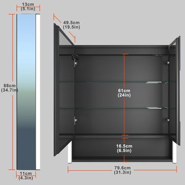 LED дзеркальна шафка у ванну кімнату KWW з підсвічуванням, регульованою температурою світла, антитуманним покриттям та USB-роз'ємами (2 дверцята, 80x70 см)