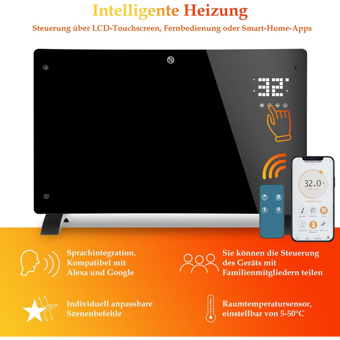 Скляний конвекторний обігрівач Daromigo 2000W з термостатом та Wi-Fi, IP24, настінний, енергозберігаючий, чорний