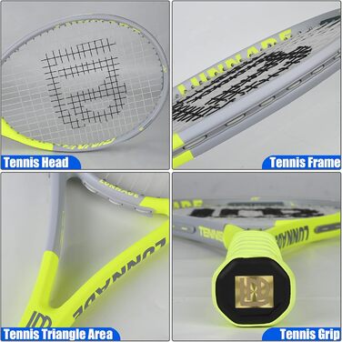 Lunnade 27 Inch Tennis Racket Set - 2 Rackets with Cover - Adult, Beginner & Advanced - Gray & Yellow