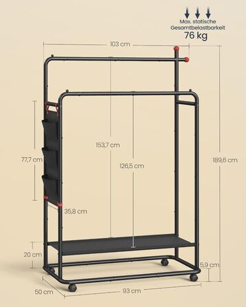 SONGMICS HOME Rolling Garment Rack, Coat Rack, 2 Clothes Rods, Shelf, Side Organizer, Match-Shaped Hooks, Stable, Bedroom, Hallway, Ink Black HSR171B01