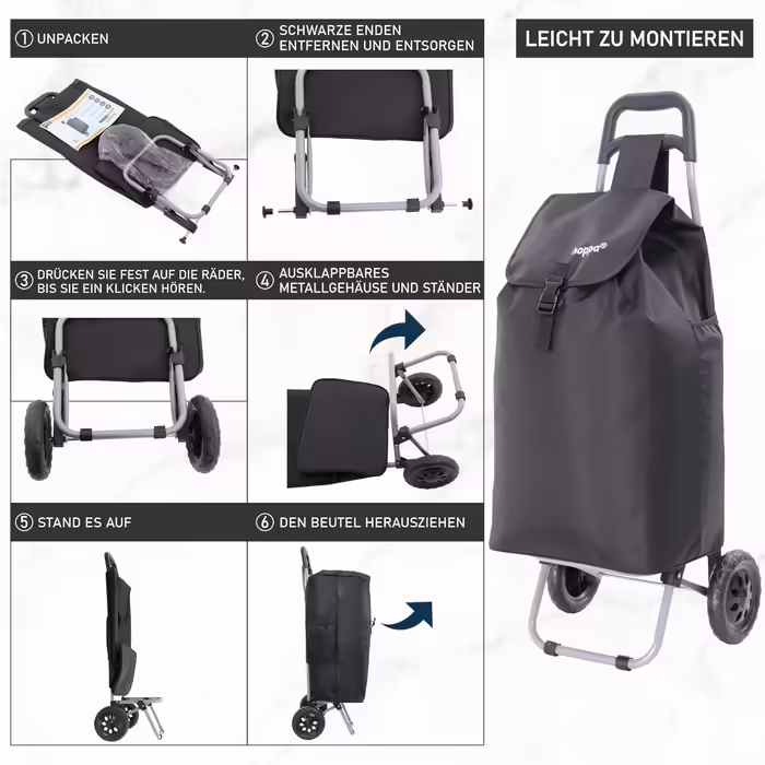 Hoppa 57L Stable Shopping Trolley, Foldable Shopping Trolley, Multifunctional Shopping Cart with Removable Bag, Rolling Shopping Cart, Wagon (Black)
