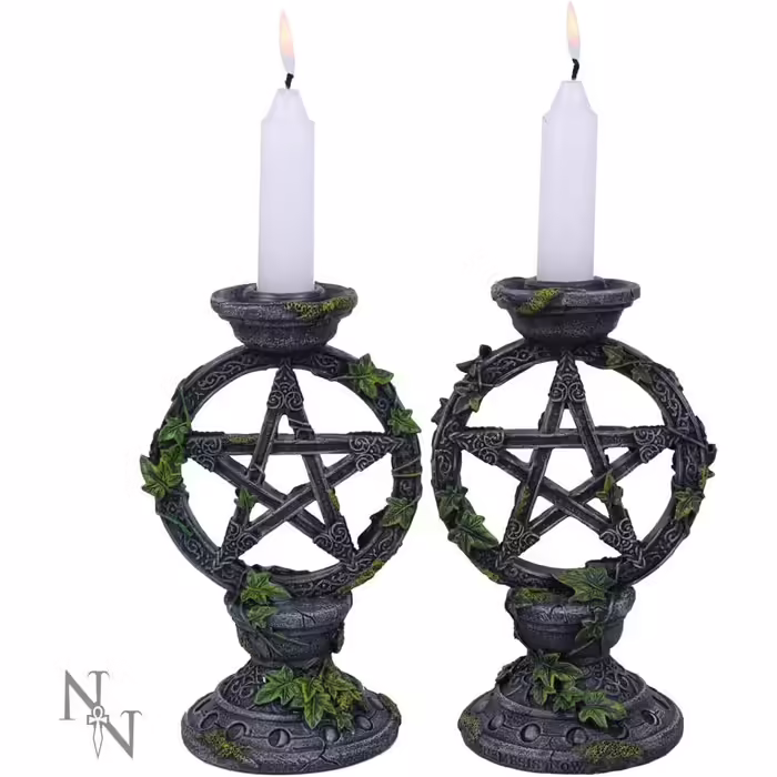 Nemesis Now B2539G6 Wiccan Pentagram Candle Holder Set with 2 Candle Holders, 15 cm, Black Resin