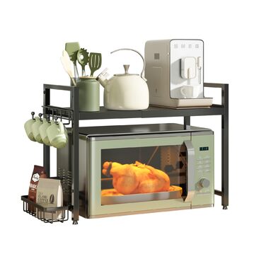 Регульована полиця для мікрохвильової печі NETEL 2-ярусна, чорна, висувна 40-60 см з тримачем для напоїв та кошиком