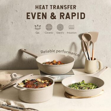 Набір посуду CAROTE 11 предметів: сковороди 24см, 28см, каструля 16см, каструля 24см, глибока сковорода 28см, з антипригарним покриттям та кришками, для індукційних плит