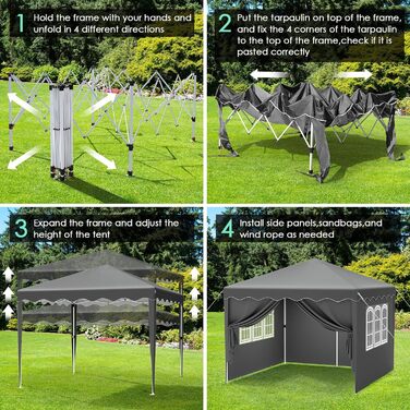 3x3 Gazebo, Waterproof Folding Gazebo Stable and Winter-Resistant, UV Protection 50+, 3x3 Folding Gazebo with 4 Side Walls, Height-Adjustable Garden Gazebo, Foldable Gazebo Tent for Camping, Parties (Gray)